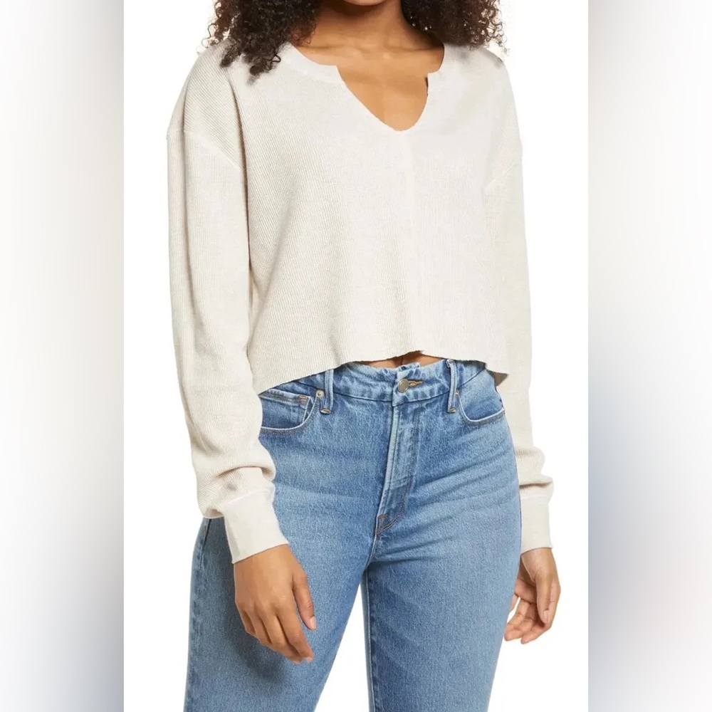 NEW!! Women’s BP Nordstrom Cropped Waffle Knit Long Sleeve Top Size XS Taupe